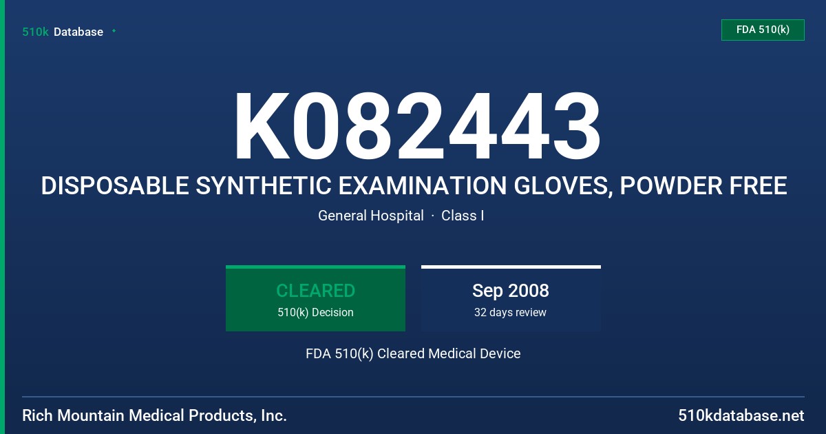 K082443 DISPOSABLE SYNTHETIC EXAMINATION GLOVES, POWDER FREE FDA 510(k) Cleared Medical Device