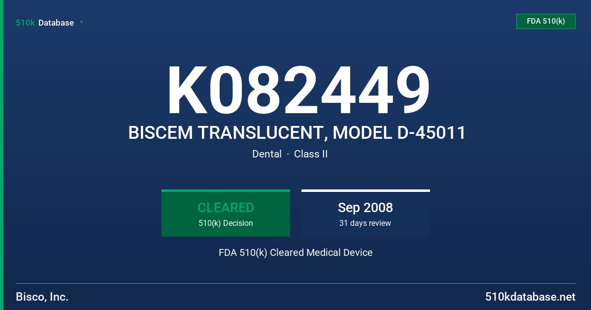 K082449 BISCEM TRANSLUCENT, MODEL D-45011 FDA 510(k) Cleared Medical Device