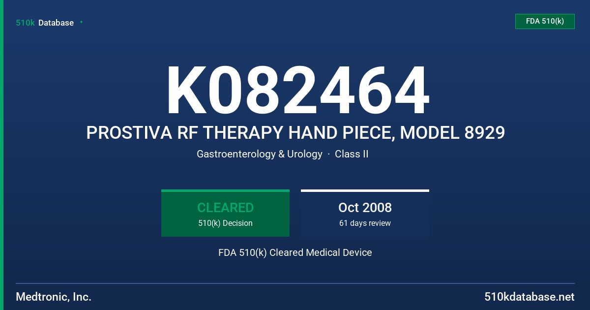 K082464 PROSTIVA RF THERAPY HAND PIECE, MODEL 8929 FDA 510(k) Cleared Medical Device
