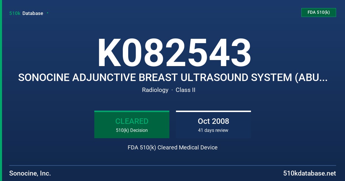 K082543 SONOCINE ADJUNCTIVE BREAST ULTRASOUND SYSTEM (ABU), MODEL 100 FDA 510(k) Cleared Medical Device