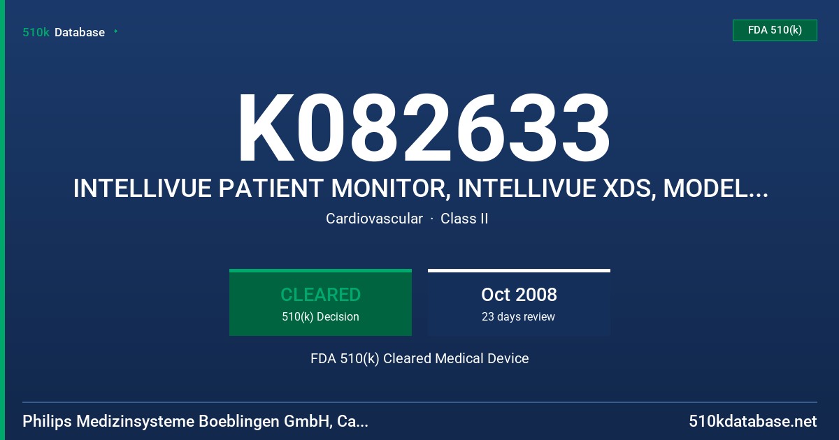 K082633 INTELLIVUE PATIENT MONITOR, INTELLIVUE XDS, MODELS MP2, MP5, MP20, MP30, MP40, MP50, MP60, MP70, MP80, MP90 FDA 510(k) Cleared Medical Device