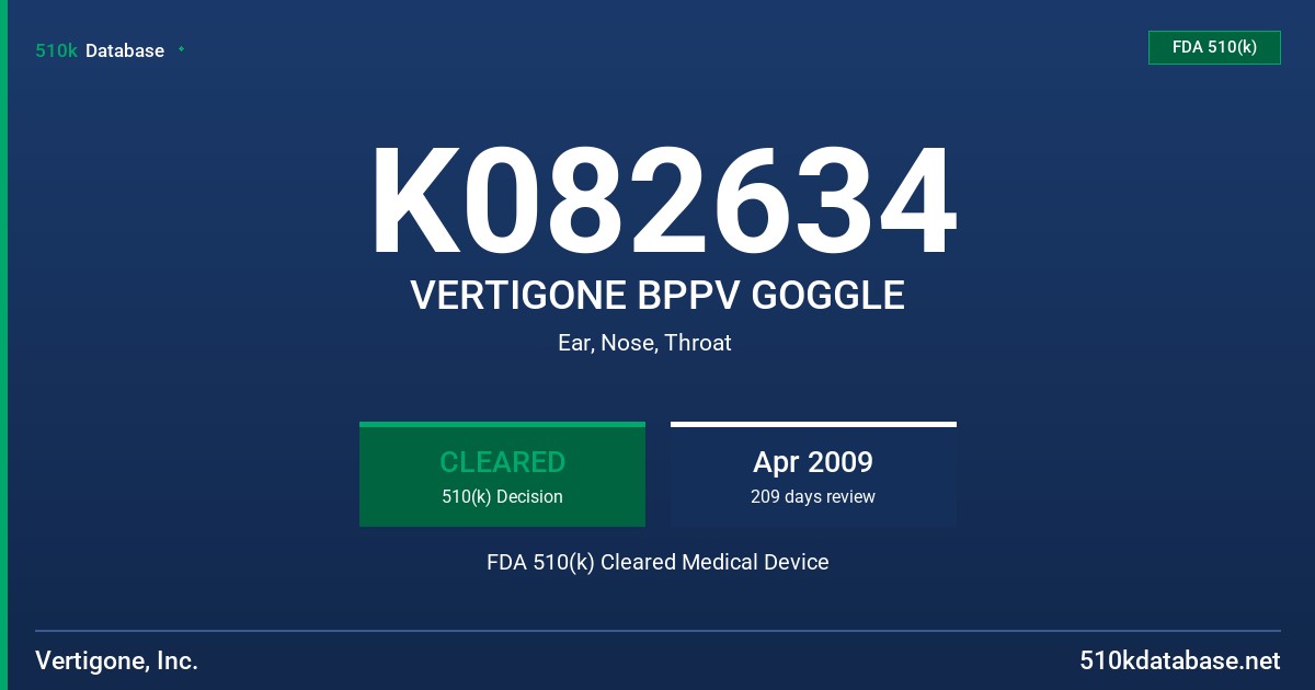 K082634 VERTIGONE BPPV GOGGLE FDA 510(k) Cleared Medical Device