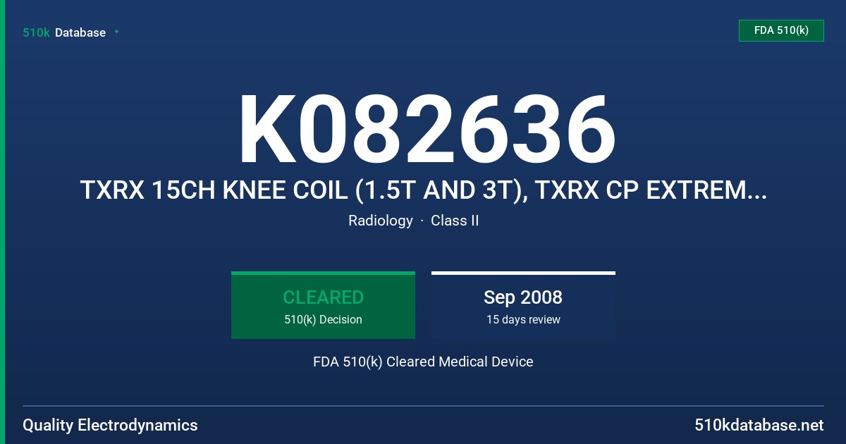 K082636 TXRX 15CH KNEE COIL (1.5T AND 3T), TXRX CP EXTREMITY COIL 3T FDA 510(k) Cleared Medical Device