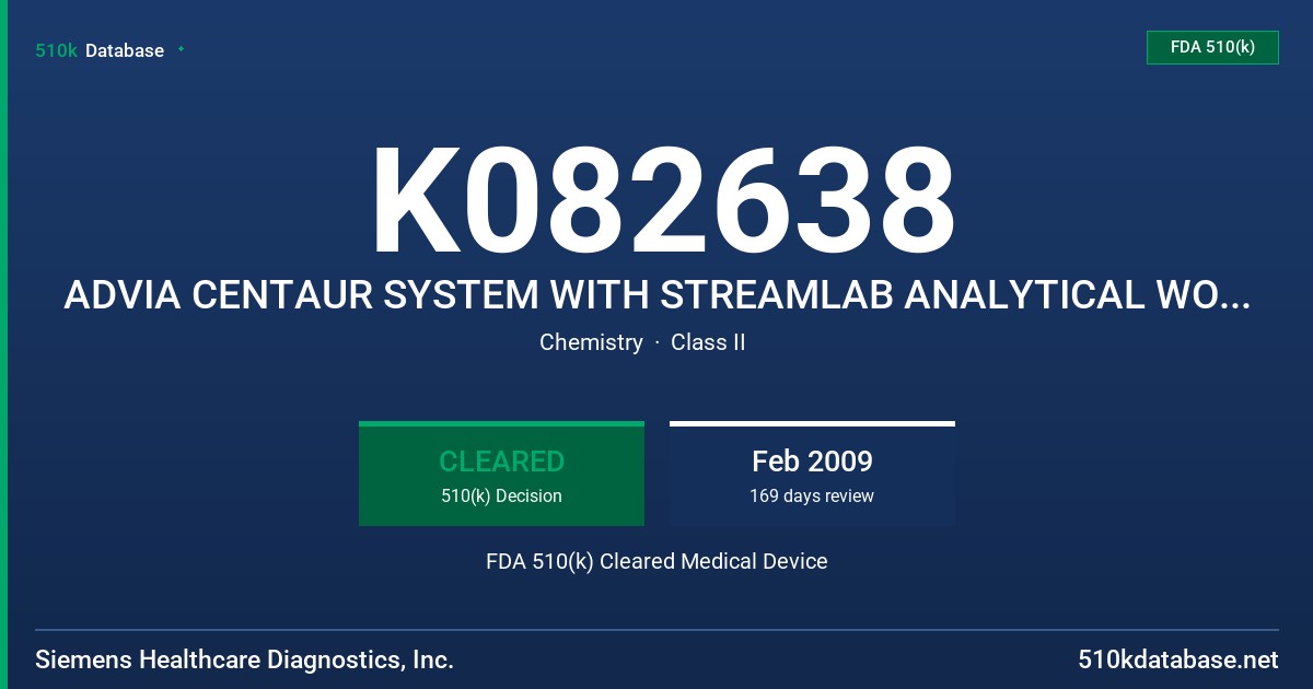 K082638 ADVIA CENTAUR SYSTEM WITH STREAMLAB ANALYTICAL WORKCELL FDA 510(k) Cleared Medical Device