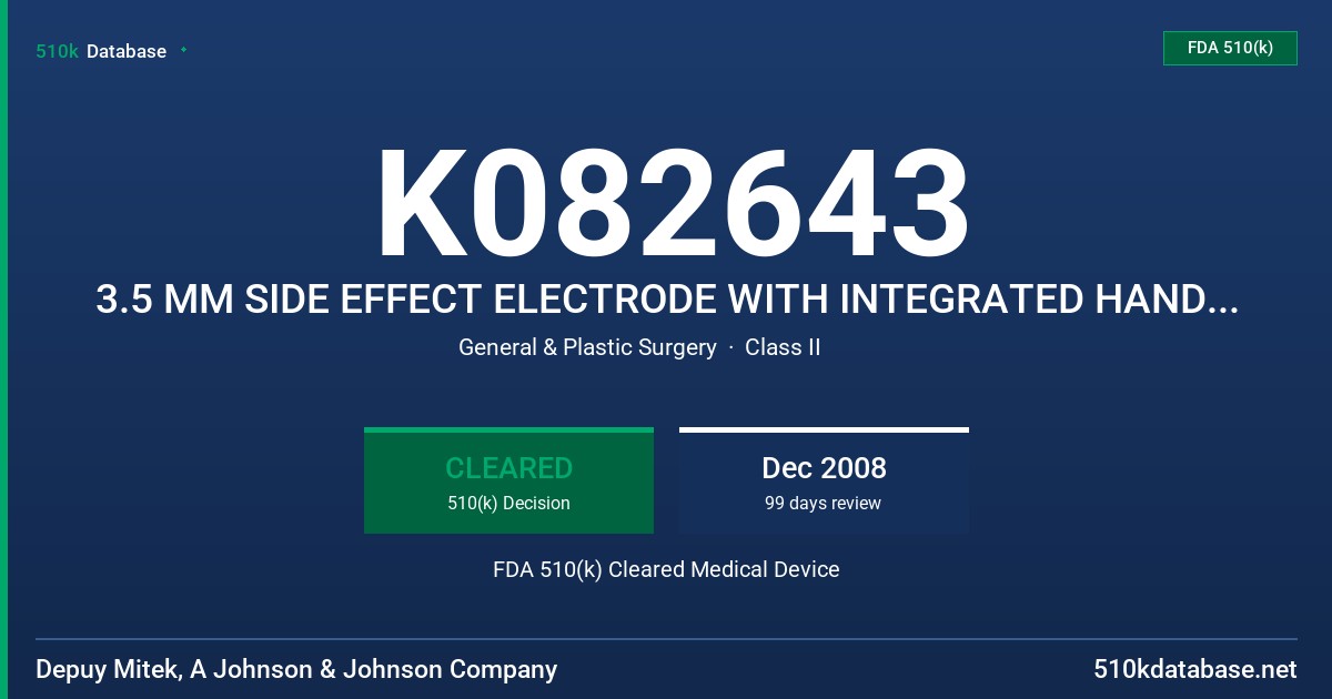 K082643 3.5 MM SIDE EFFECT ELECTRODE WITH INTEGRATED HANDPIECE, MODEL 227301, 3.5 MM ANGLED SIDE EFFECT ELECTRODE WITH INTEGRATE FDA 510(k) Cleared Medical Device