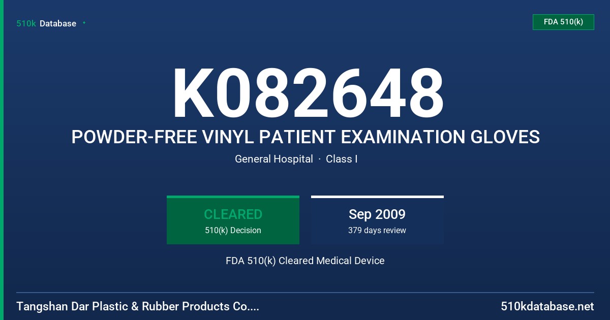 K082648 POWDER-FREE VINYL PATIENT EXAMINATION GLOVES FDA 510(k) Cleared Medical Device