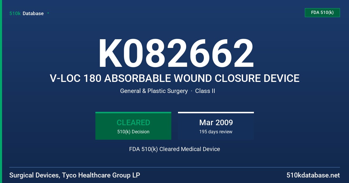 K082662 V-LOC 180 ABSORBABLE WOUND CLOSURE DEVICE FDA 510(k) Cleared Medical Device