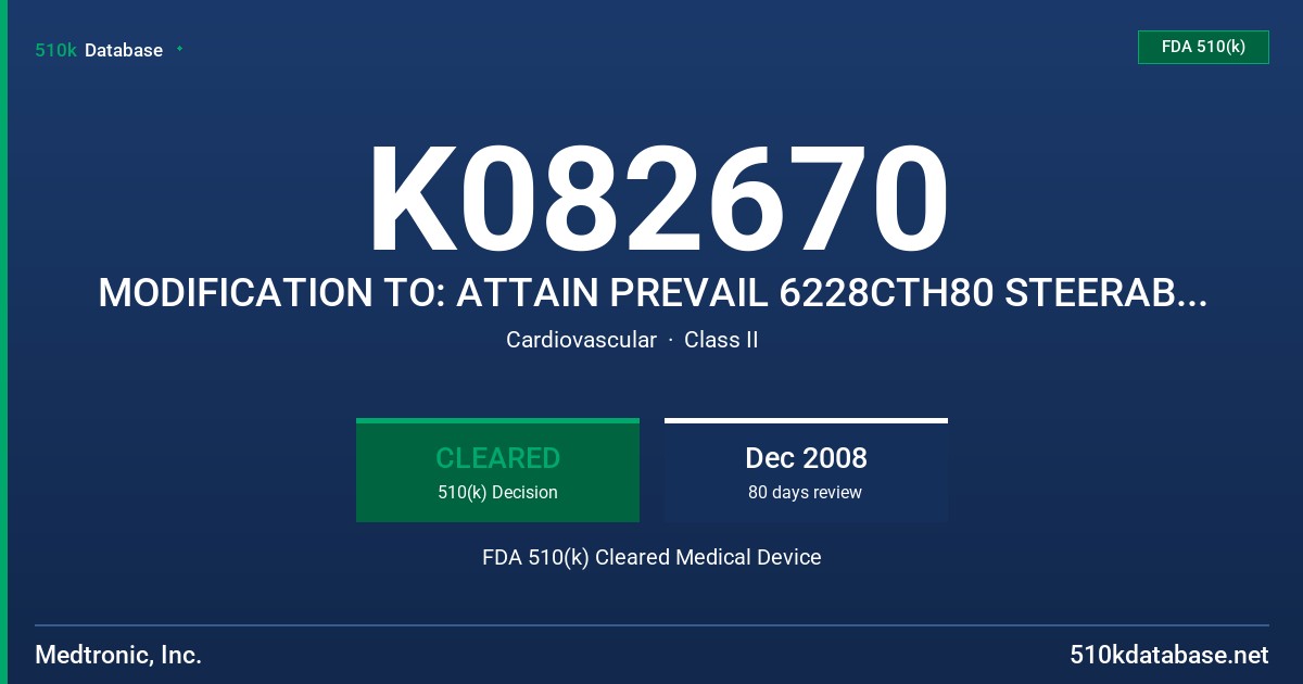 K082670 MODIFICATION TO: ATTAIN PREVAIL 6228CTH80 STEERABLE CATHETER SET FDA 510(k) Cleared Medical Device