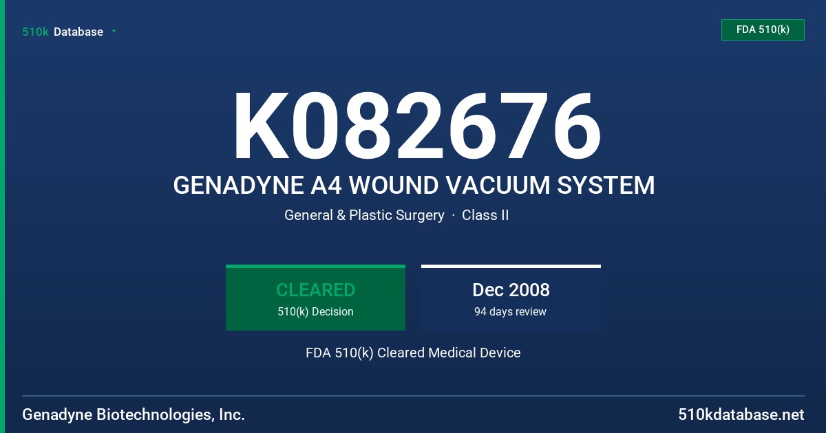 K082676 GENADYNE A4 WOUND VACUUM SYSTEM FDA 510(k) Cleared Medical Device