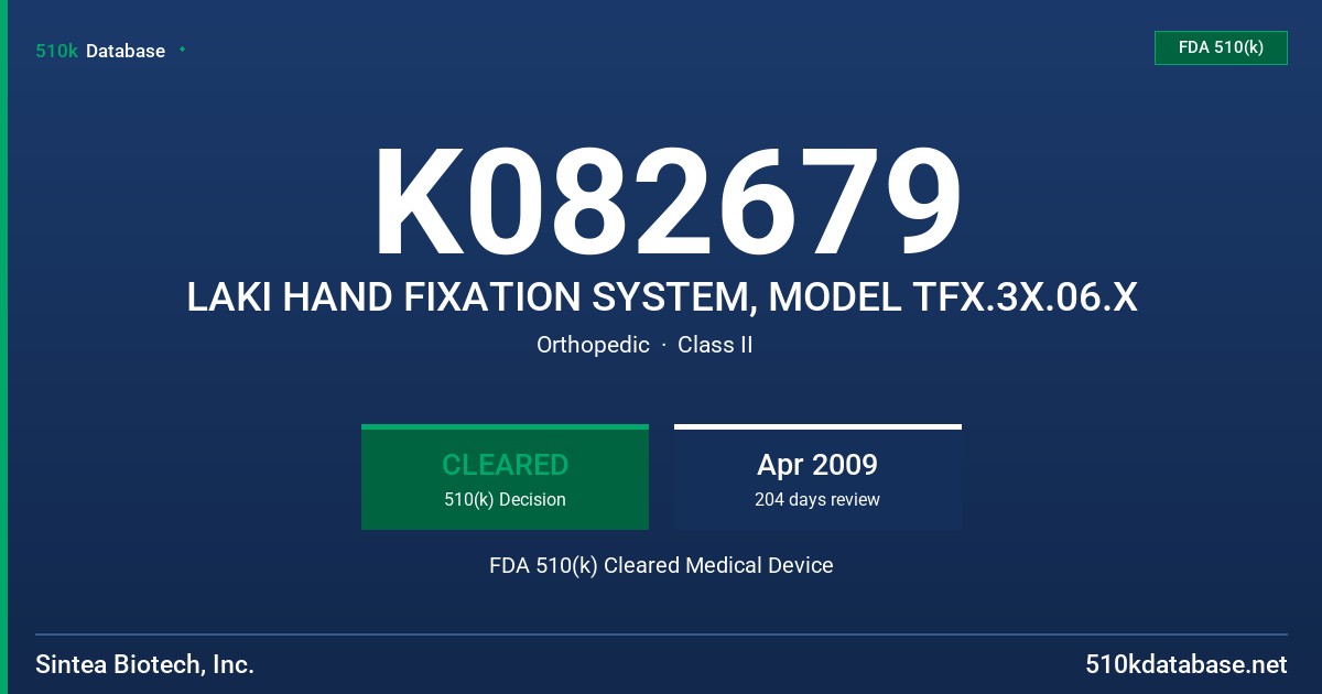 K082679 LAKI HAND FIXATION SYSTEM, MODEL TFX.3X.06.X FDA 510(k) Cleared Medical Device