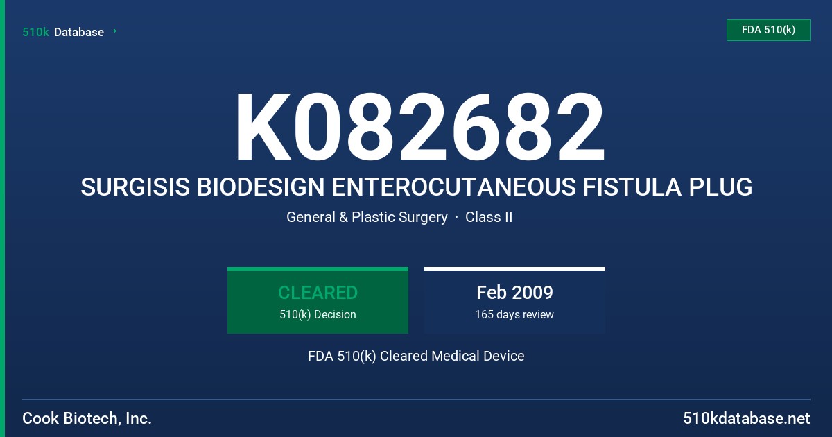 K082682 SURGISIS BIODESIGN ENTEROCUTANEOUS FISTULA PLUG FDA 510(k) Cleared Medical Device