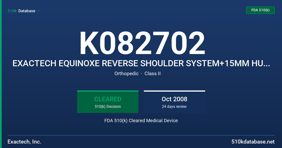 K082702 EXACTECH EQUINOXE REVERSE SHOULDER SYSTEM+15MM HUMERAL ADAPTER TRAY FDA 510(k) Cleared Medical Device