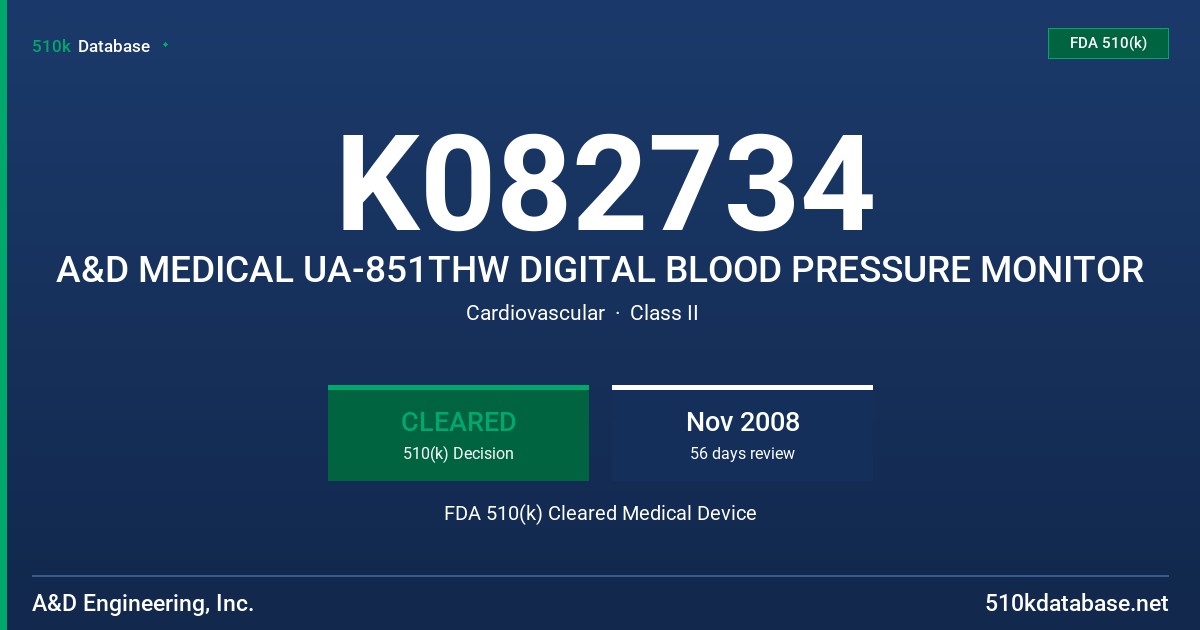 K082734 A&D MEDICAL UA-851THW DIGITAL BLOOD PRESSURE MONITOR FDA 510(k) Cleared Medical Device