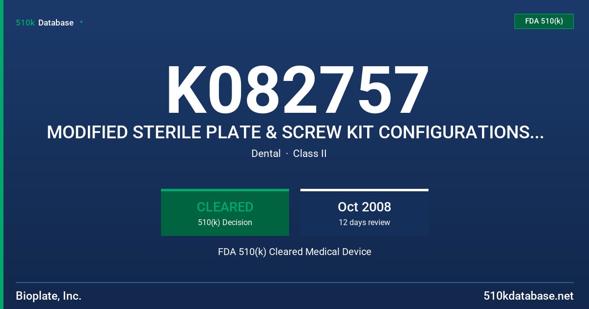 K082757 MODIFIED STERILE PLATE & SCREW KIT CONFIGURATIONS FOR USE WITH BIOPLATE TITANIUM FIXATION SYSTEM FDA 510(k) Cleared Medical Device