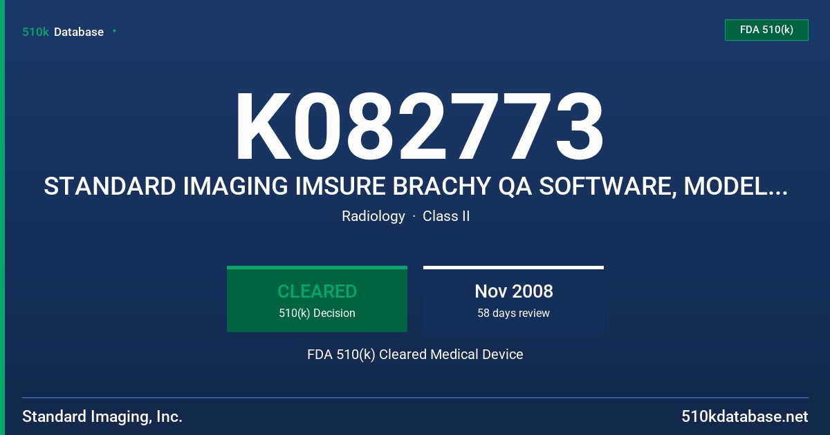 K082773 STANDARD IMAGING IMSURE BRACHY QA SOFTWARE, MODEL 91331 FDA 510(k) Cleared Medical Device