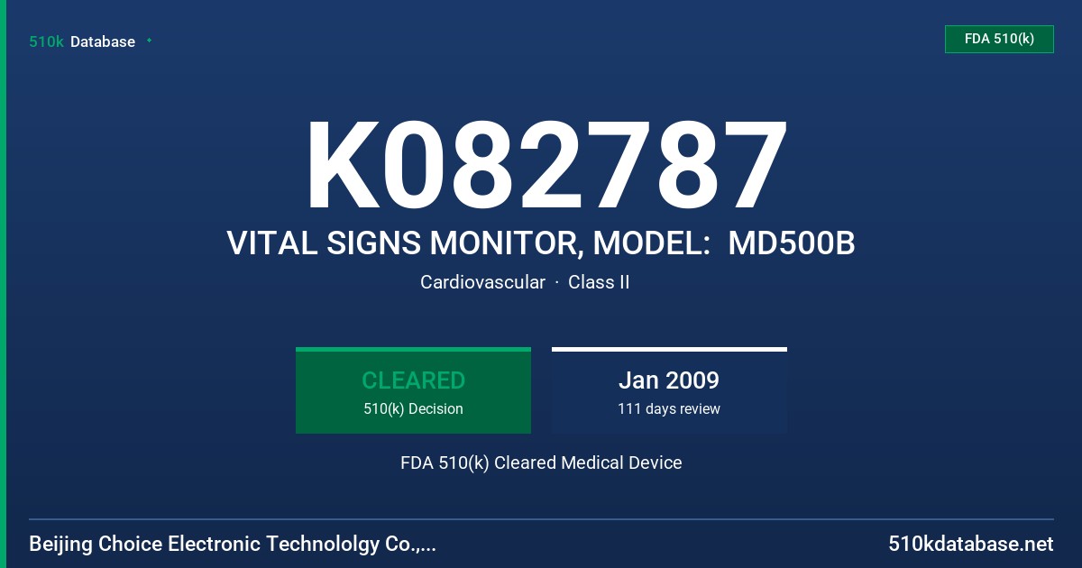 K082787 VITAL SIGNS MONITOR, MODEL:  MD500B FDA 510(k) Cleared Medical Device