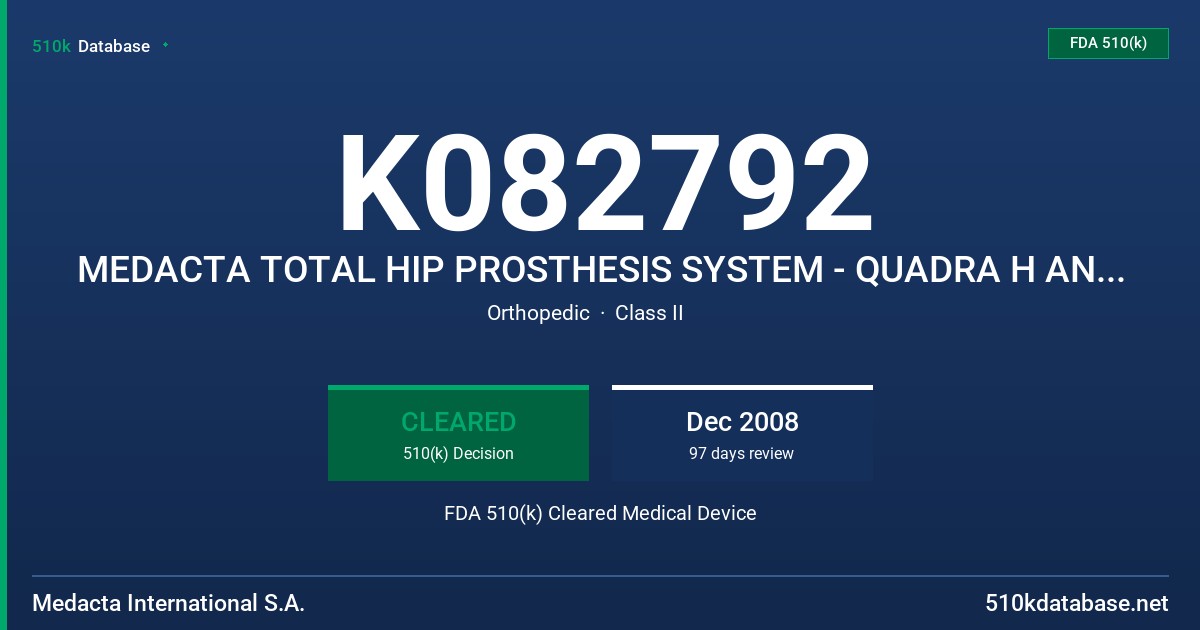 K082792 MEDACTA TOTAL HIP PROSTHESIS SYSTEM - QUADRA H AND R FEMORAL STEMS FDA 510(k) Cleared Medical Device
