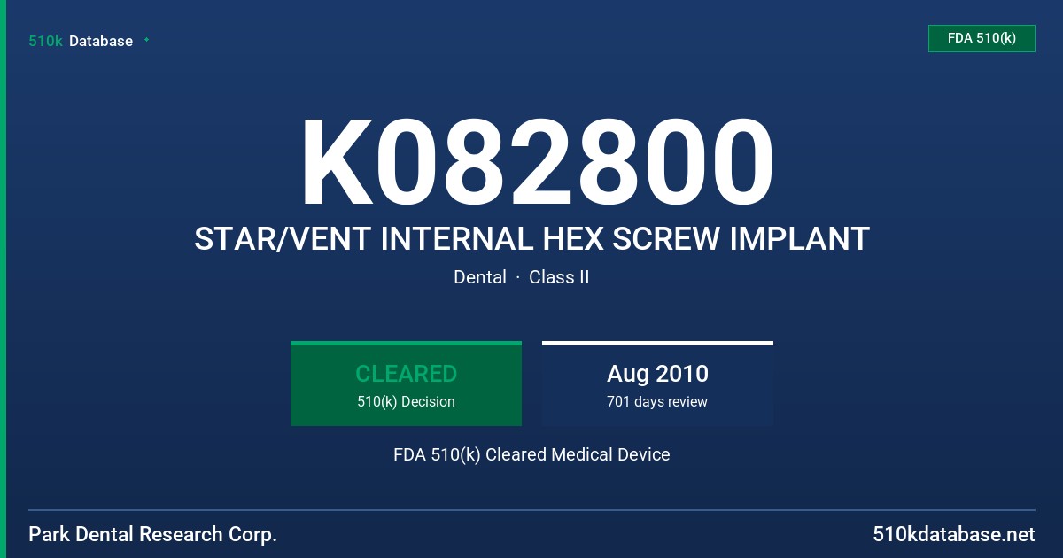 K082800 STAR/VENT INTERNAL HEX SCREW IMPLANT FDA 510(k) Cleared Medical Device