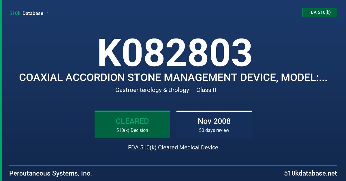 K082803 COAXIAL ACCORDION STONE MANAGEMENT DEVICE, MODEL: COAC12005 - COA20015 FDA 510(k) Cleared Medical Device