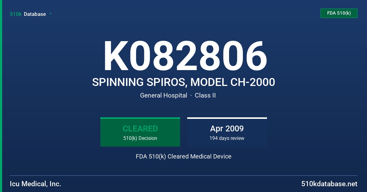 K082806 SPINNING SPIROS, MODEL CH-2000 FDA 510(k) Cleared Medical Device