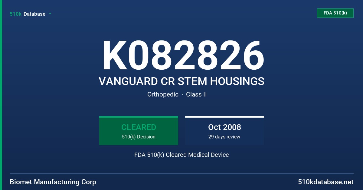K082826 VANGUARD CR STEM HOUSINGS FDA 510(k) Cleared Medical Device