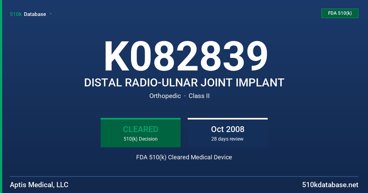 K082839 DISTAL RADIO-ULNAR JOINT IMPLANT FDA 510(k) Cleared Medical Device