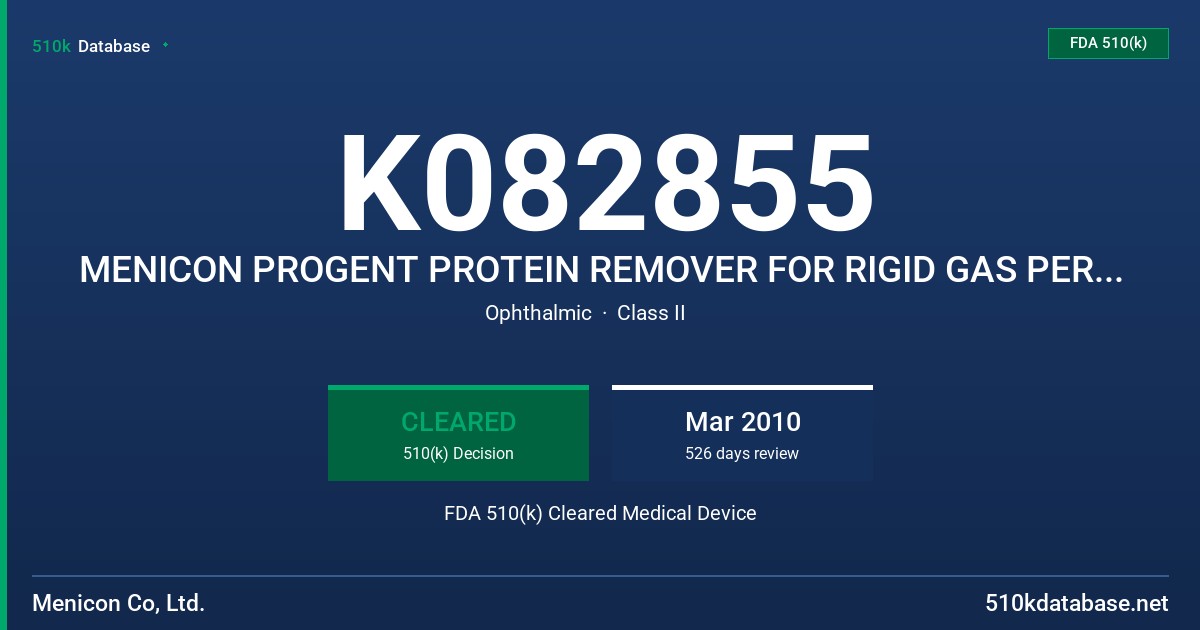 K082855 MENICON PROGENT PROTEIN REMOVER FOR RIGID GAS PERMEABLE CONTACT LENSES FDA 510(k) Cleared Medical Device