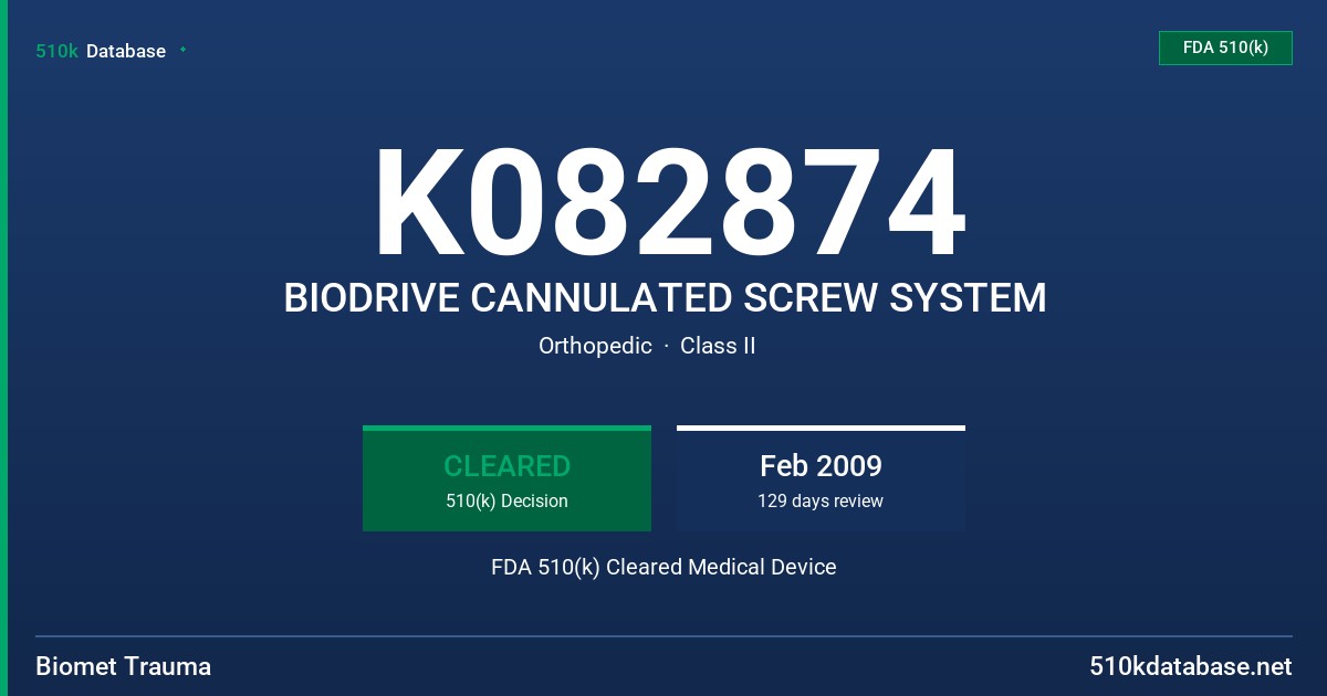 K082874 BIODRIVE CANNULATED SCREW SYSTEM FDA 510(k) Cleared Medical Device