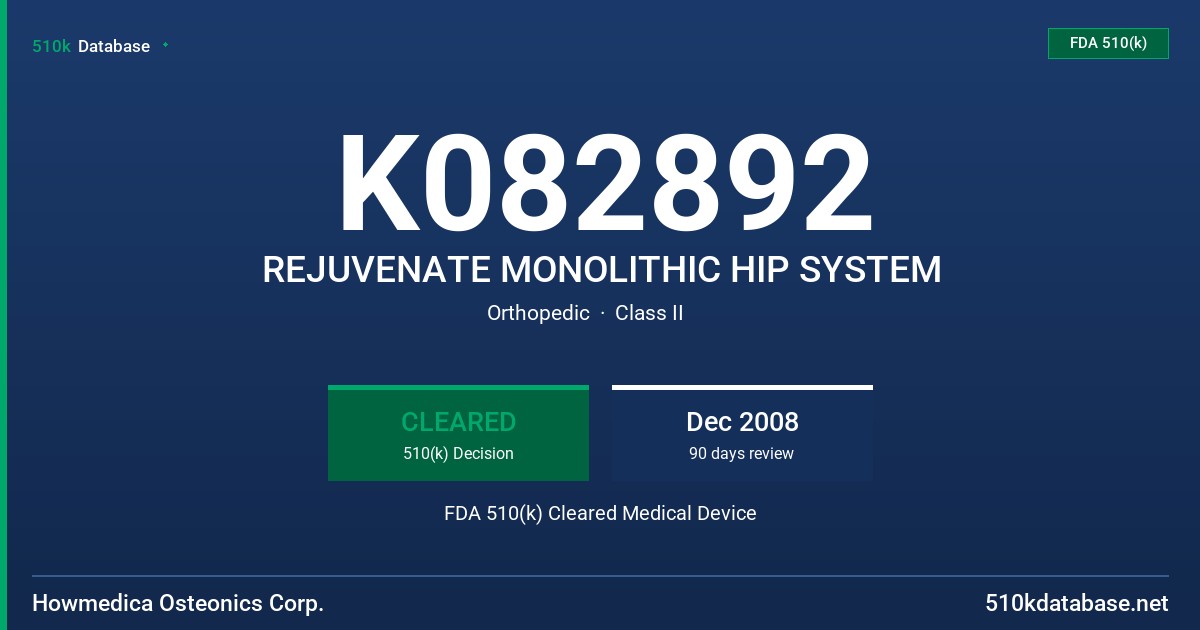 K082892 REJUVENATE MONOLITHIC HIP SYSTEM FDA 510(k) Cleared Medical Device