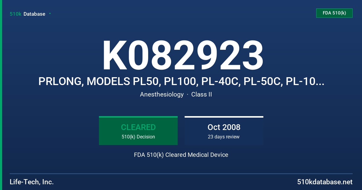 K082923 PRLONG, MODELS PL50, PL100, PL-40C, PL-50C, PL-100C, PL-150C, PLT-40C, PLT-50C, PLT-100C, PLT-150C FDA 510(k) Cleared Medical Device