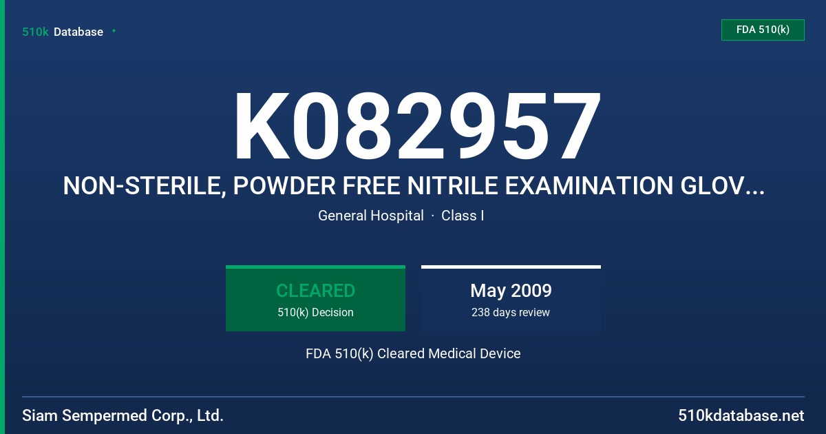 K082957 NON-STERILE, POWDER FREE NITRILE EXAMINATION GLOVE, BLUE COLOR, POLYMER COATED, TESTED WITH CHEMOTHERAPY DRUGS FDA 510(k) Cleared Medical Device