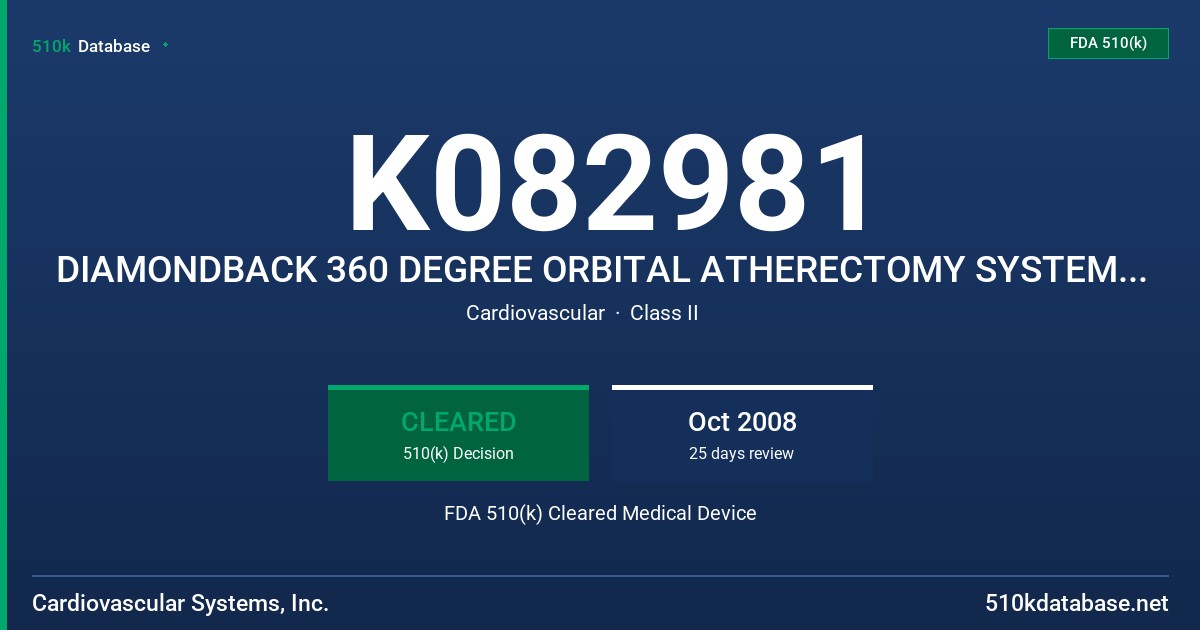 K082981 DIAMONDBACK 360 DEGREE ORBITAL ATHERECTOMY SYSTEM WITH VIPERSLIDE LUBRICANT FDA 510(k) Cleared Medical Device