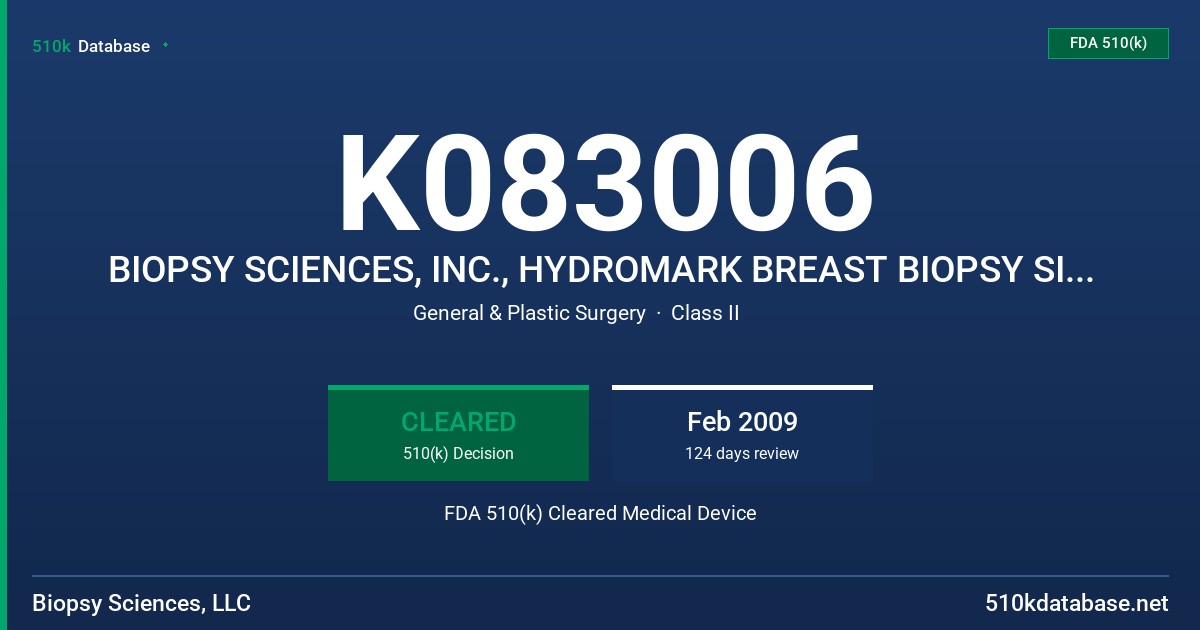 K083006 BIOPSY SCIENCES, INC., HYDROMARK BREAST BIOPSY SITE MARKER FDA 510(k) Cleared Medical Device