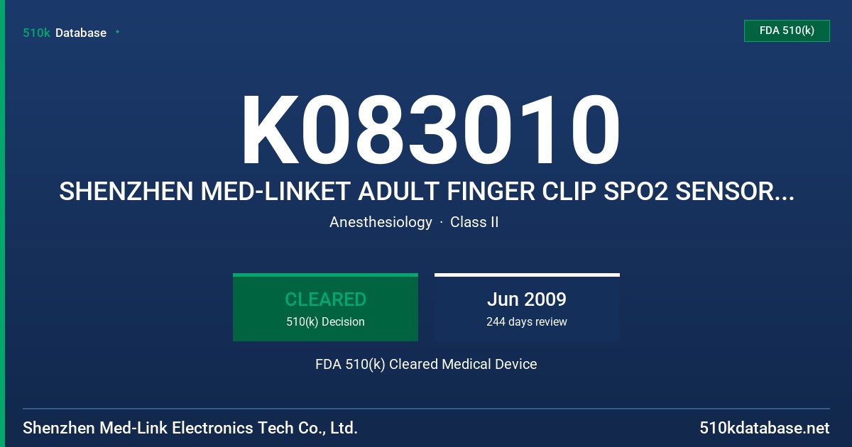 K083010 SHENZHEN MED-LINKET ADULT FINGER CLIP SPO2 SENSOR, SHENZHEN MED-LINKET ADULT SILICONE SOFT TIP SPO2 SENSOR FDA 510(k) Cleared Medical Device