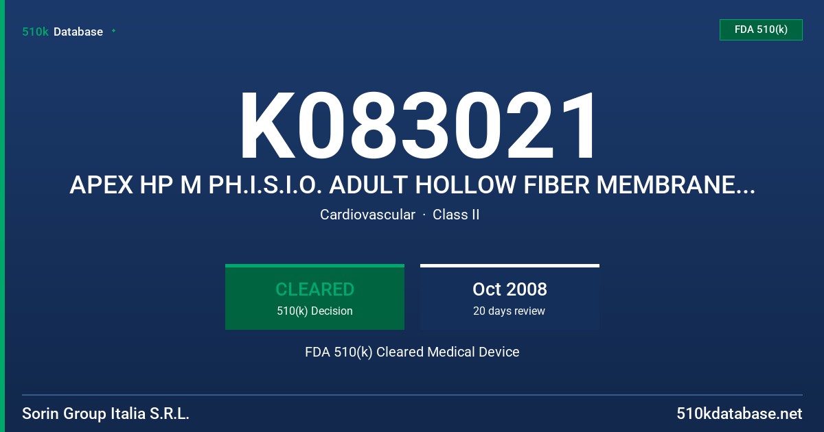 K083021 APEX HP M PH.I.S.I.O. ADULT HOLLOW FIBER MEMBRANE OXYGENATOR FDA 510(k) Cleared Medical Device