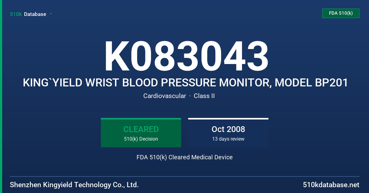 K083043 KING`YIELD WRIST BLOOD PRESSURE MONITOR, MODEL BP201 FDA 510(k) Cleared Medical Device