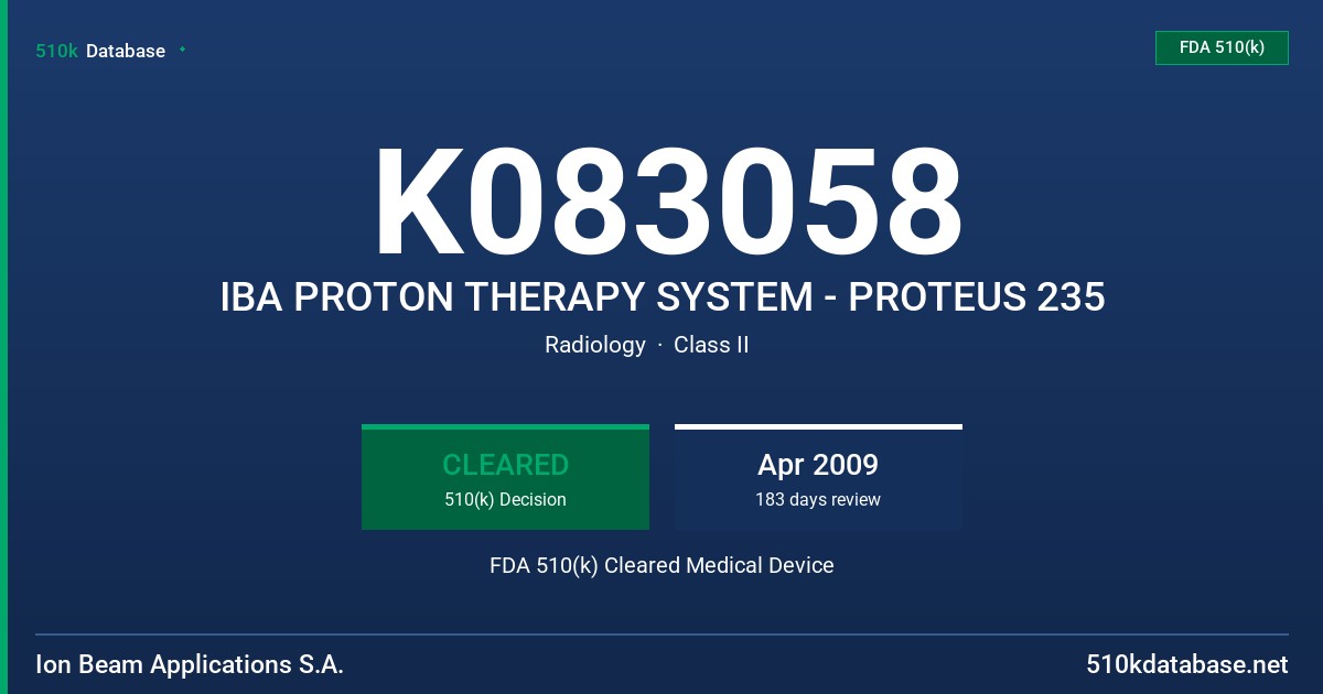 K083058 IBA PROTON THERAPY SYSTEM - PROTEUS 235 FDA 510(k) Cleared Medical Device
