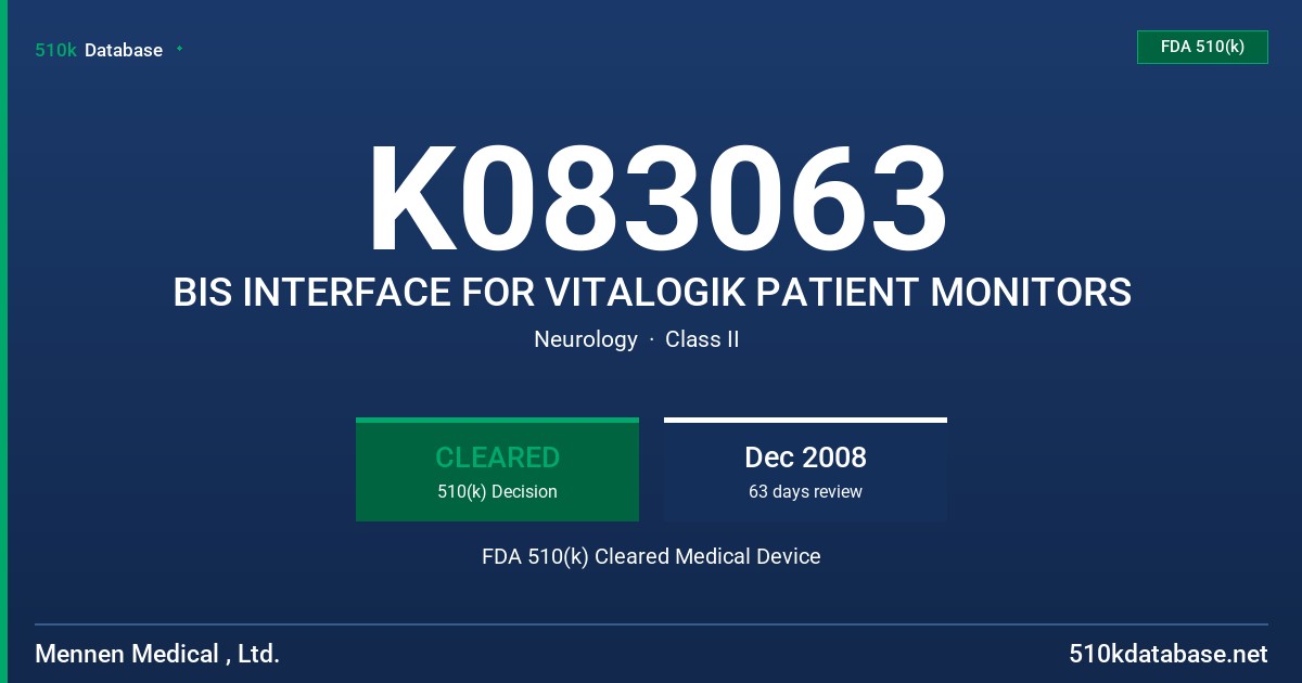 K083063 BIS INTERFACE FOR VITALOGIK PATIENT MONITORS FDA 510(k) Cleared Medical Device
