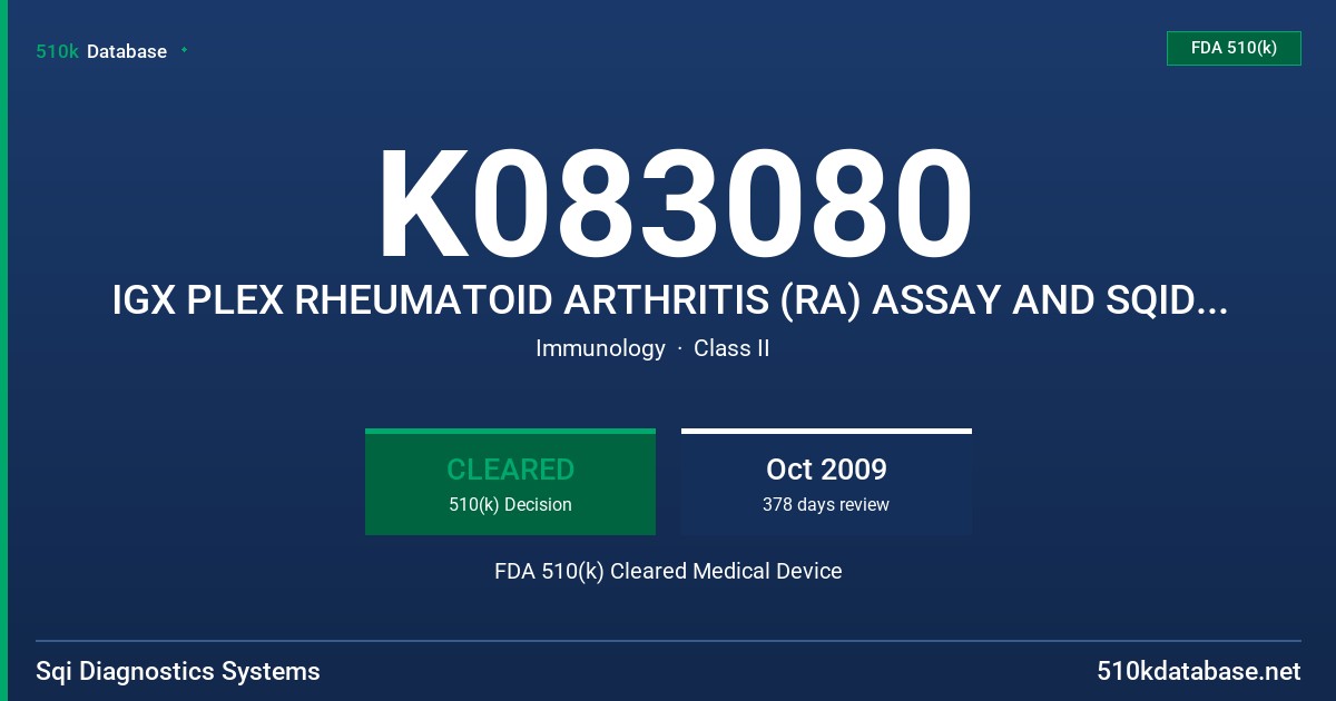 K083080 IGX PLEX RHEUMATOID ARTHRITIS (RA) ASSAY AND SQIDWORKS DIAGNOSTICS PLATFORM FDA 510(k) Cleared Medical Device