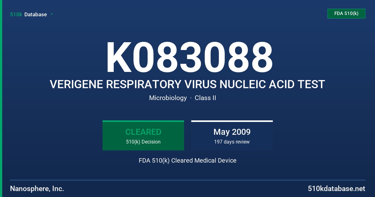 K083088 VERIGENE RESPIRATORY VIRUS NUCLEIC ACID TEST FDA 510(k) Cleared Medical Device