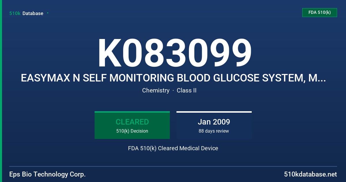 K083099 EASYMAX N SELF MONITORING BLOOD GLUCOSE SYSTEM, MODEL: EPS08008 FDA 510(k) Cleared Medical Device