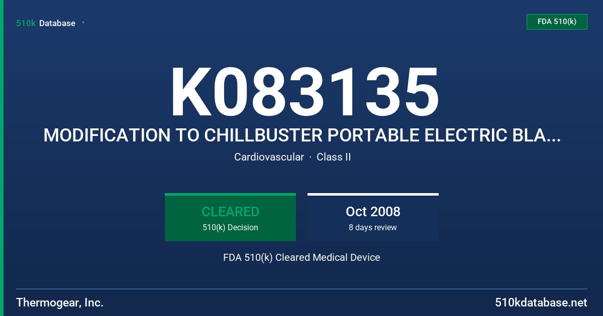 K083135 MODIFICATION TO CHILLBUSTER PORTABLE ELECTRIC BLANKET , MODEL 8002 FDA 510(k) Cleared Medical Device
