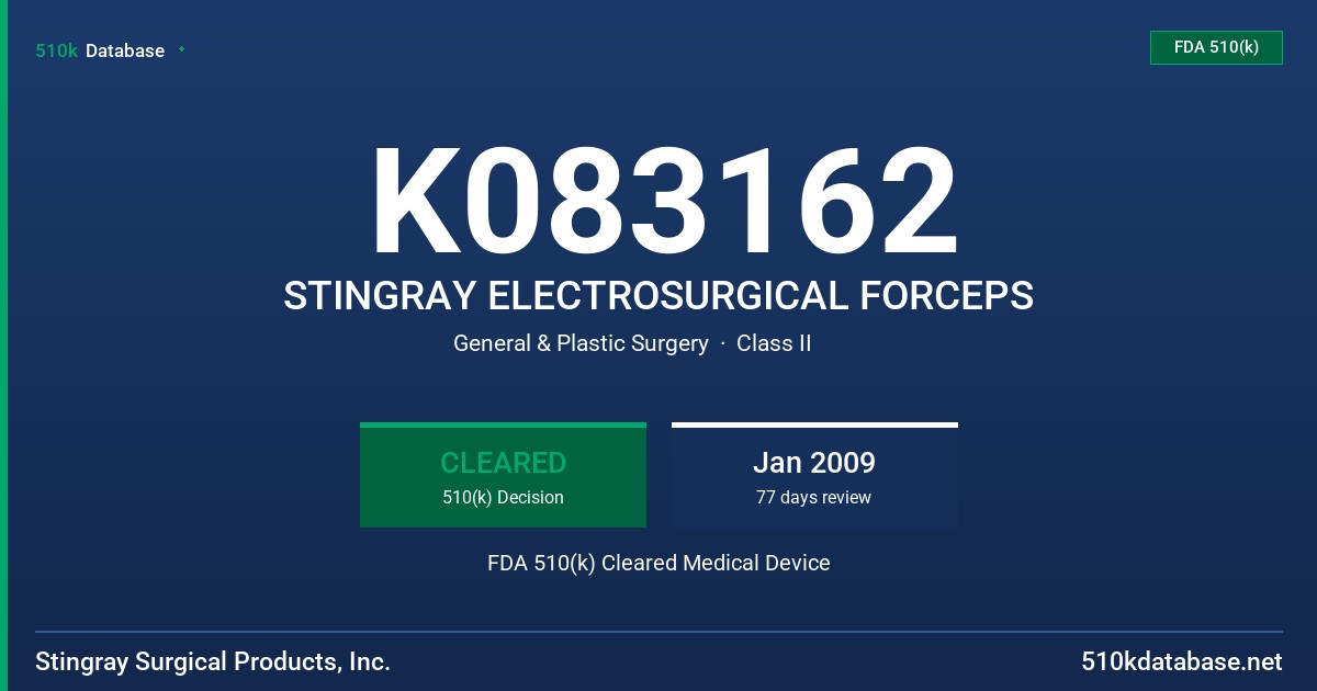 K083162 STINGRAY ELECTROSURGICAL FORCEPS FDA 510(k) Cleared Medical Device