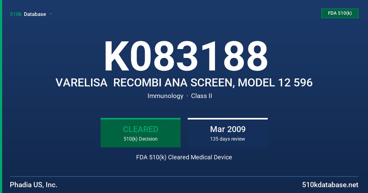 K083188 VARELISA  RECOMBI ANA SCREEN, MODEL 12 596 FDA 510(k) Cleared Medical Device