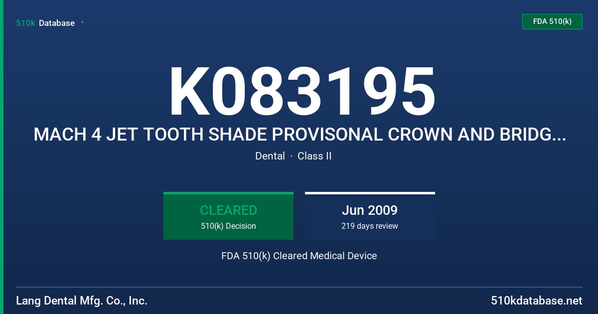 K083195 MACH 4 JET TOOTH SHADE PROVISONAL CROWN AND BRIDGE ACRYLIC RESIN FDA 510(k) Cleared Medical Device