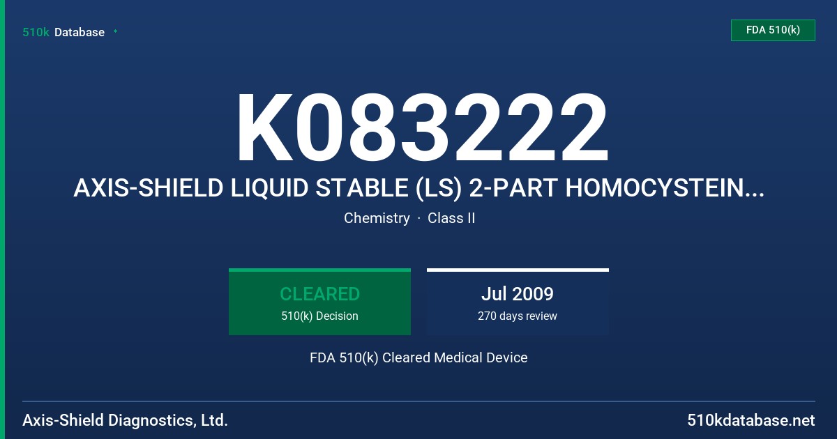 K083222 AXIS-SHIELD LIQUID STABLE (LS) 2-PART HOMOCYSTEINE REAGENT, MODEL FHRK100 FDA 510(k) Cleared Medical Device
