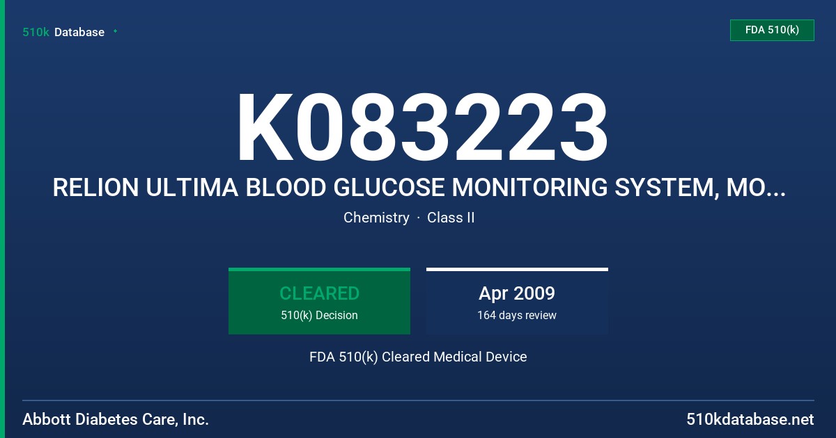 K083223 RELION ULTIMA BLOOD GLUCOSE MONITORING SYSTEM, MODELS 70055-50, STRIPS (20 COUNT): 70973-01 FDA 510(k) Cleared Medical Device