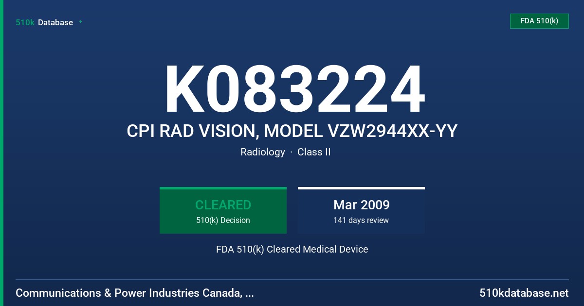 K083224 CPI RAD VISION, MODEL VZW2944XX-YY FDA 510(k) Cleared Medical Device