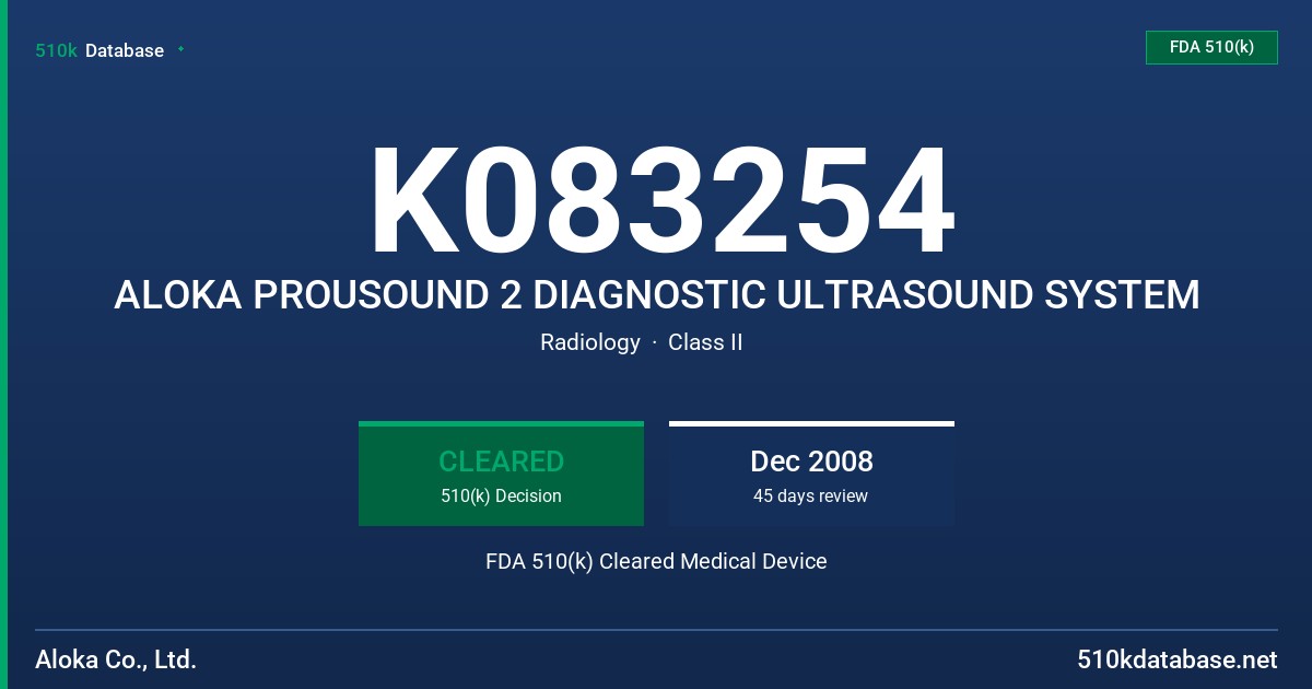 K083254 ALOKA PROUSOUND 2 DIAGNOSTIC ULTRASOUND SYSTEM FDA 510(k) Cleared Medical Device