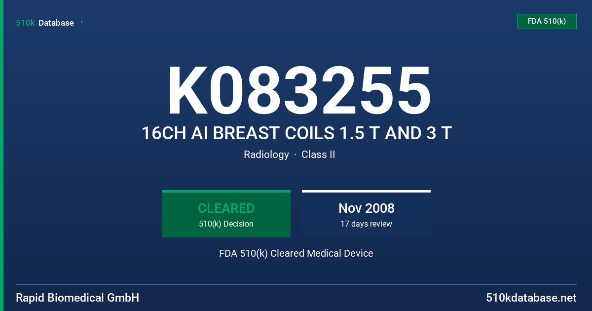 K083255 16CH AI BREAST COILS 1.5 T AND 3 T FDA 510(k) Cleared Medical Device